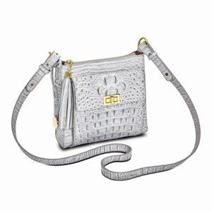 Silver-grey Top Grain Leather Croc texture Crossbody Organizer Bag Purse handbag